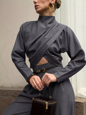 charcoal two-piece set with belted and long sleeve