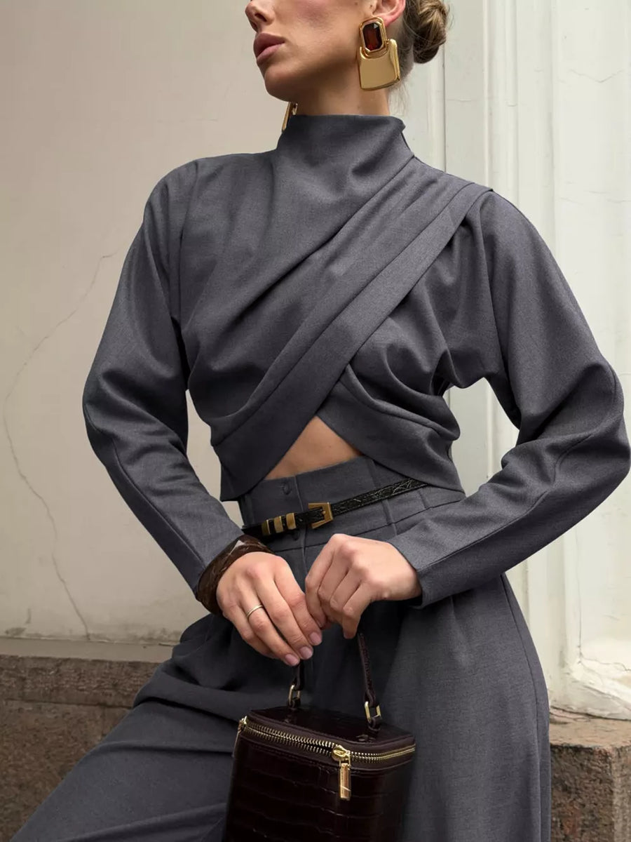 charcoal two-piece set with belted and long sleeve