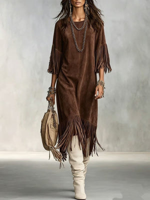 bohemian midi dress in Brown with round neck