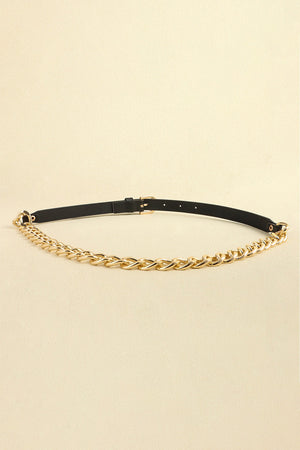 Black leather belt with gold chain accent and buckle