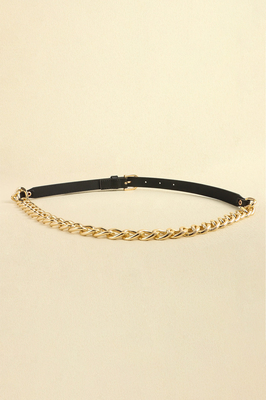Black leather belt with gold chain accent and buckle