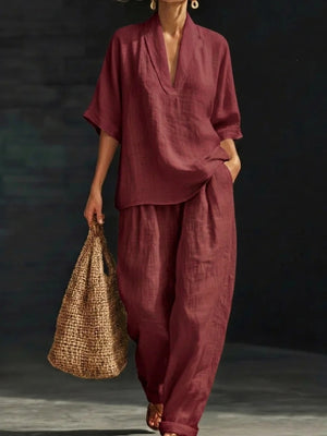 sage green loose pajama set with deep v-neck