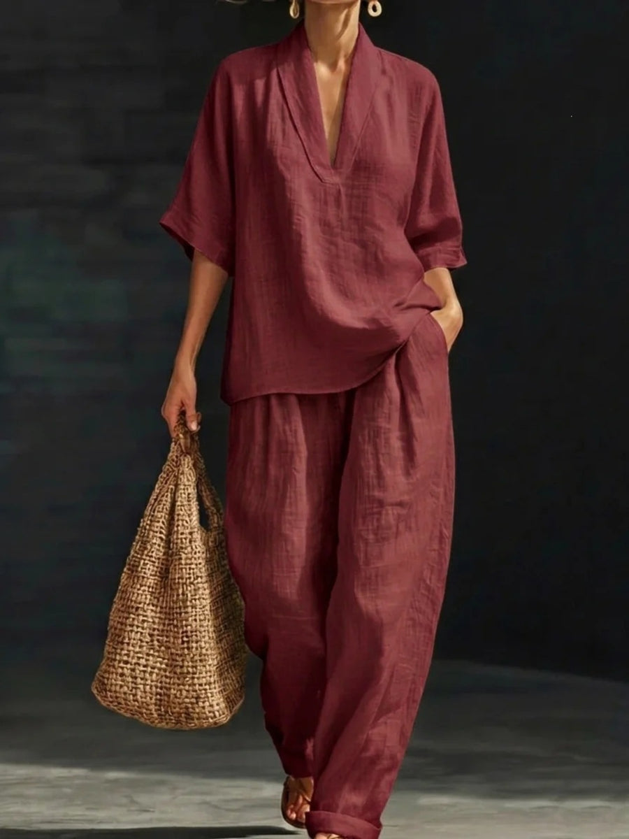 sage green loose pajama set with deep v-neck