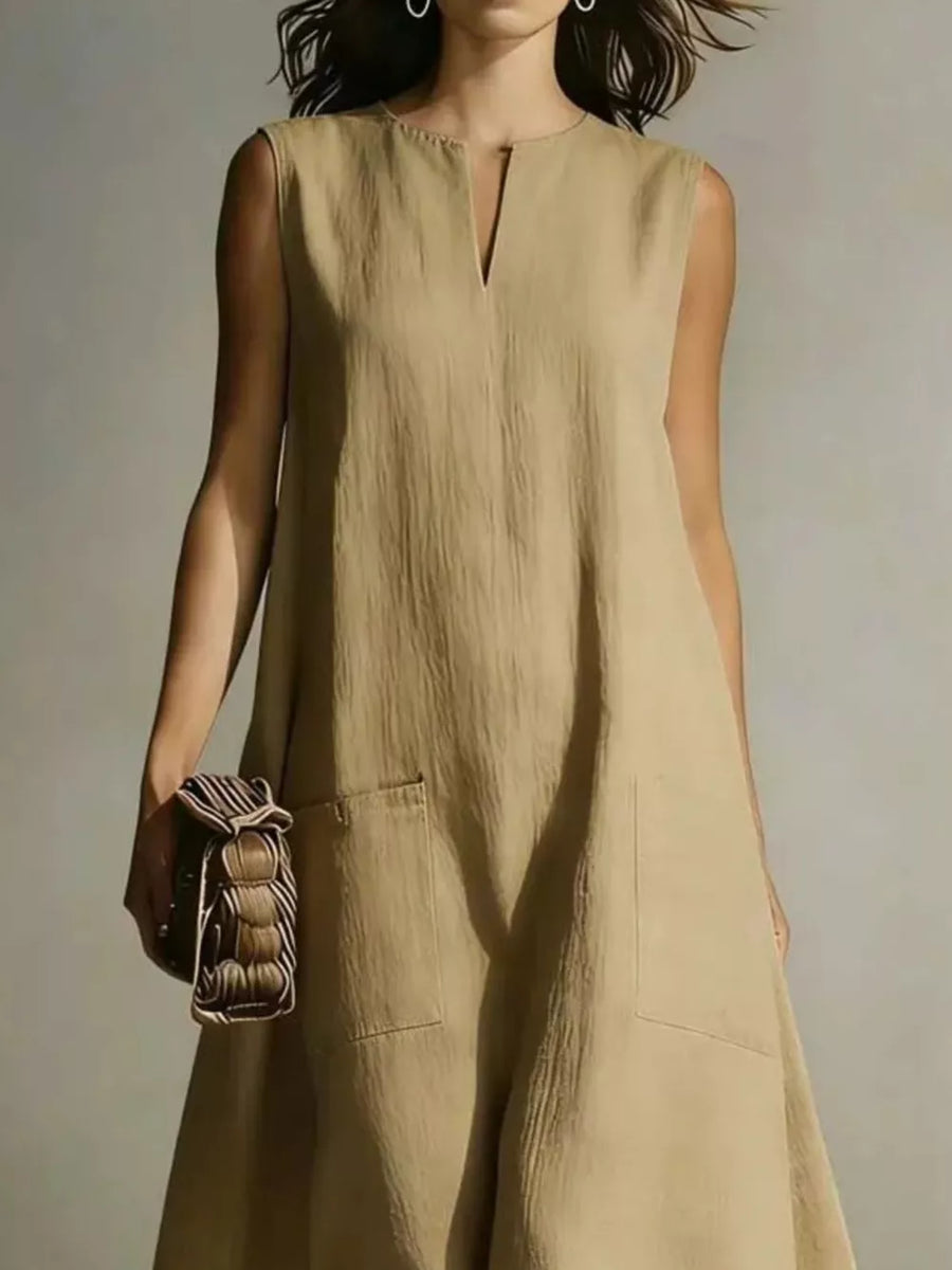 Tan sleeveless midi dress with V-neck and patch pockets