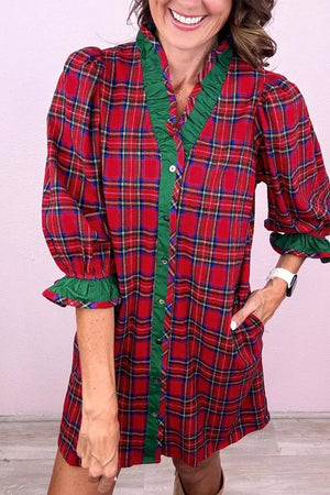 Plaid Ruffle Cuff Button Front Mini Dress option 6