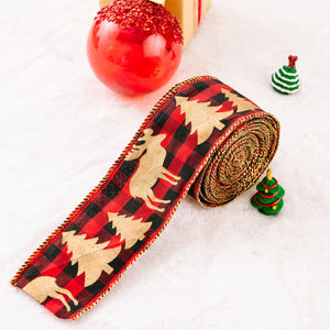 Festive holiday ribbon in red and black buffalo check with gold reindeer and trees.