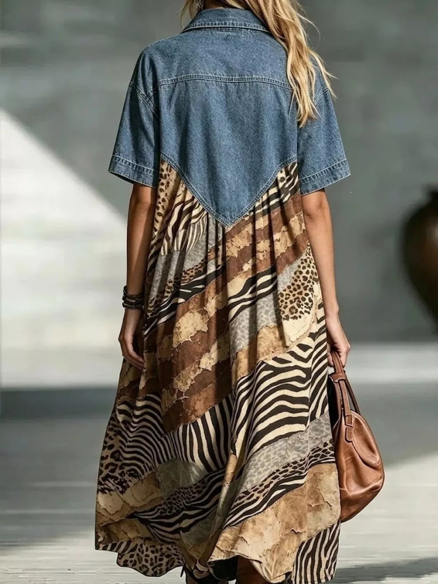 tan shirt dress featuring buttoned and patchwork