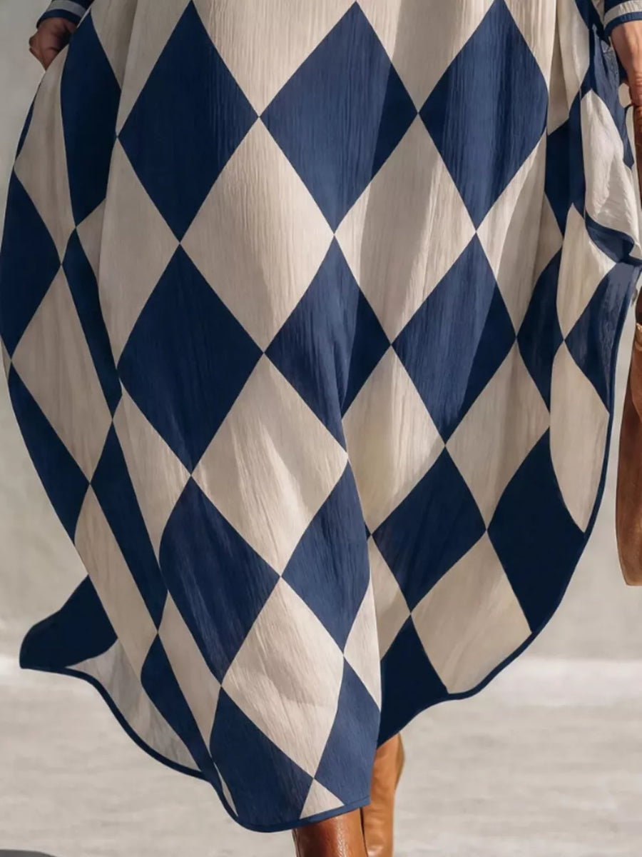 maxi dress in Dark Blue with argyle and v-neck