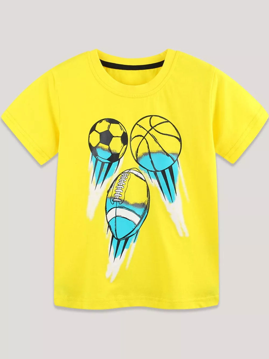 Yellow cotton crew neck t-shirt for kids with a graphic print of a soccer ball, basketball, and football.