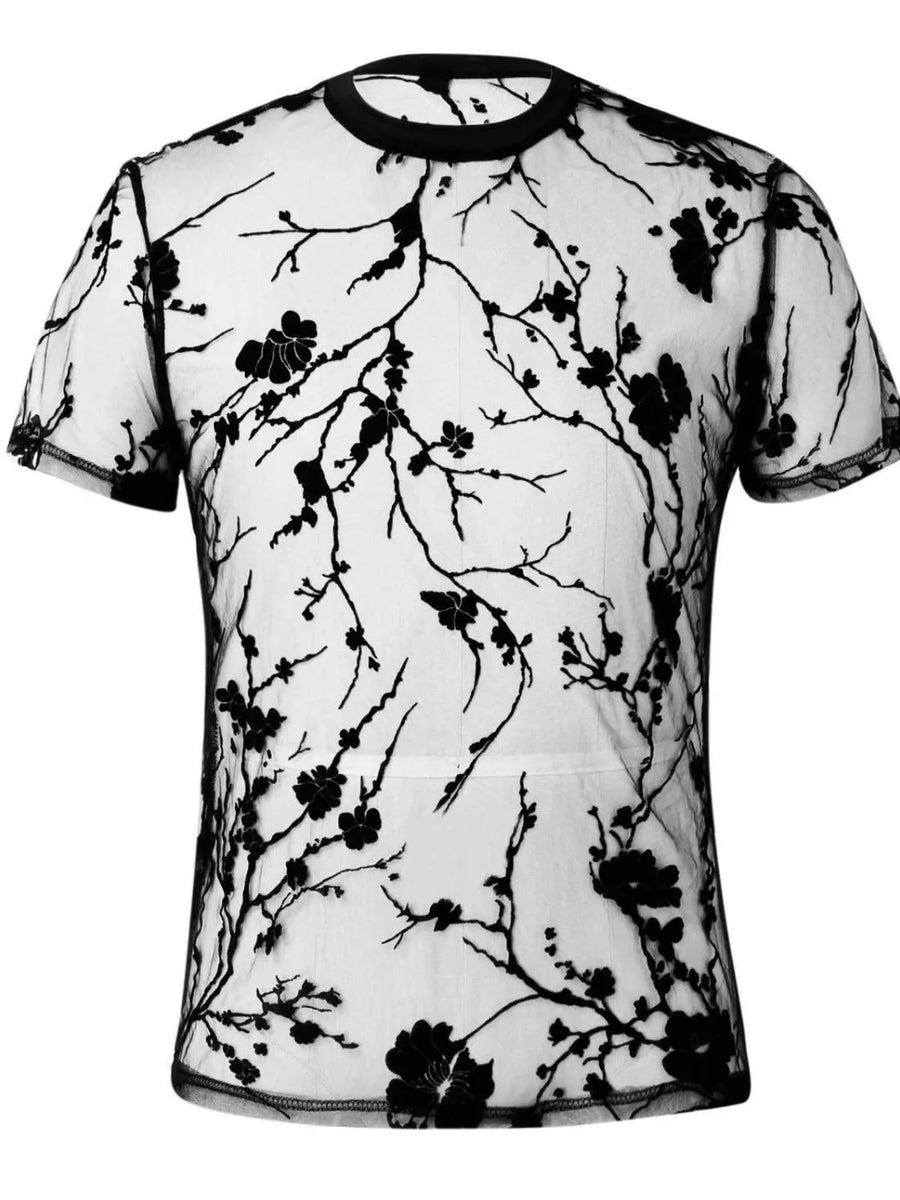 Black sheer crew neck tee with floral embroidery