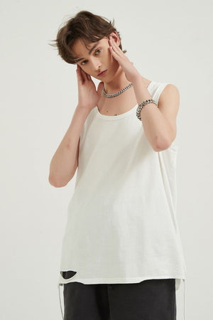 White sleeveless tank top with distressed hem