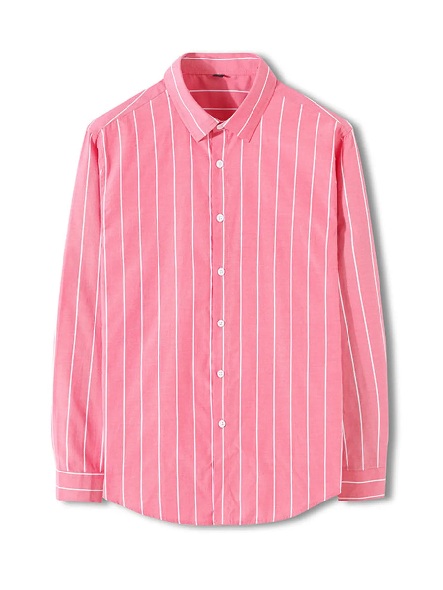 Men's red striped long sleeve button-down shirt made of cotton blend.