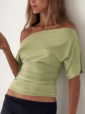 Sage ruched one shoulder t-shirt with draped sleeves and asymmetrical neckline.