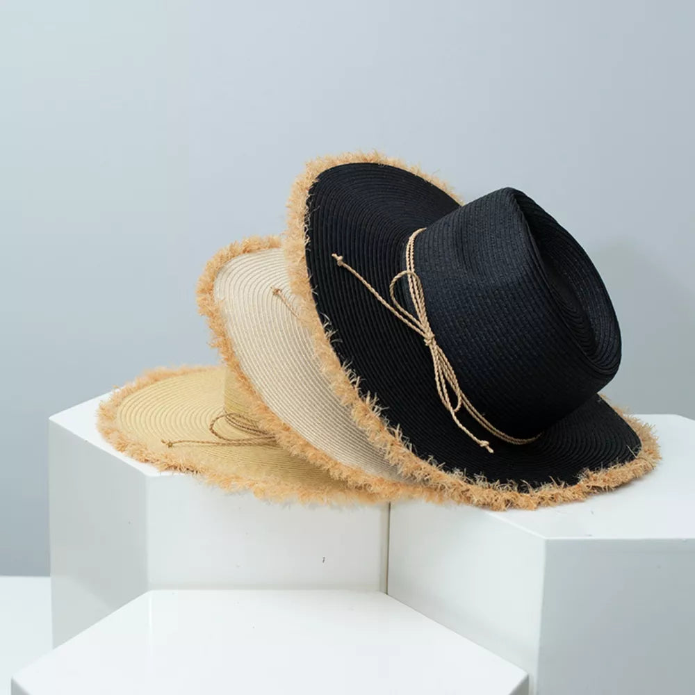 Chic frayed brim straw sun hats in black and beige with twine bow detail