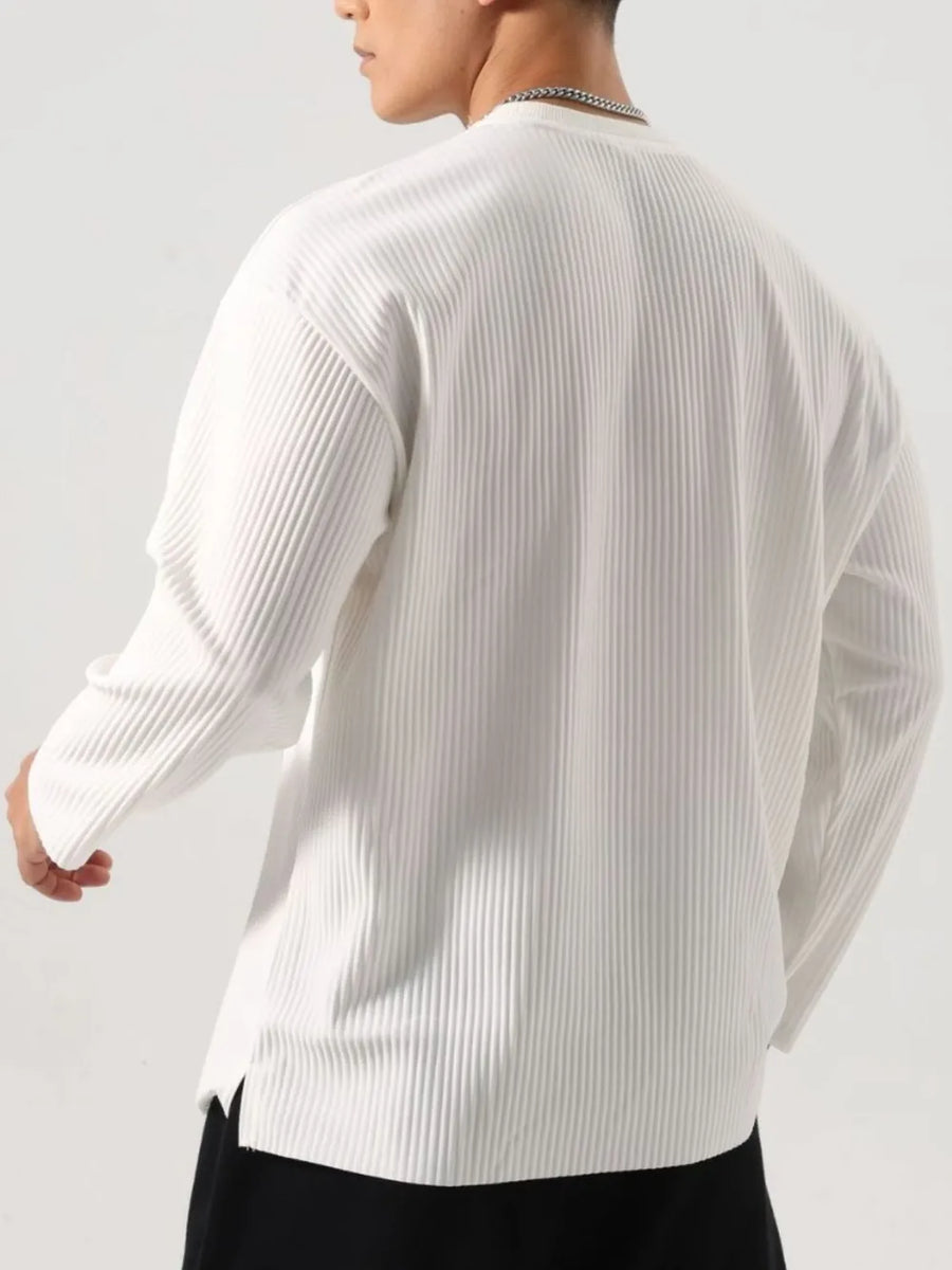 White textured ribbed long sleeve oversized tee with crew neck.
