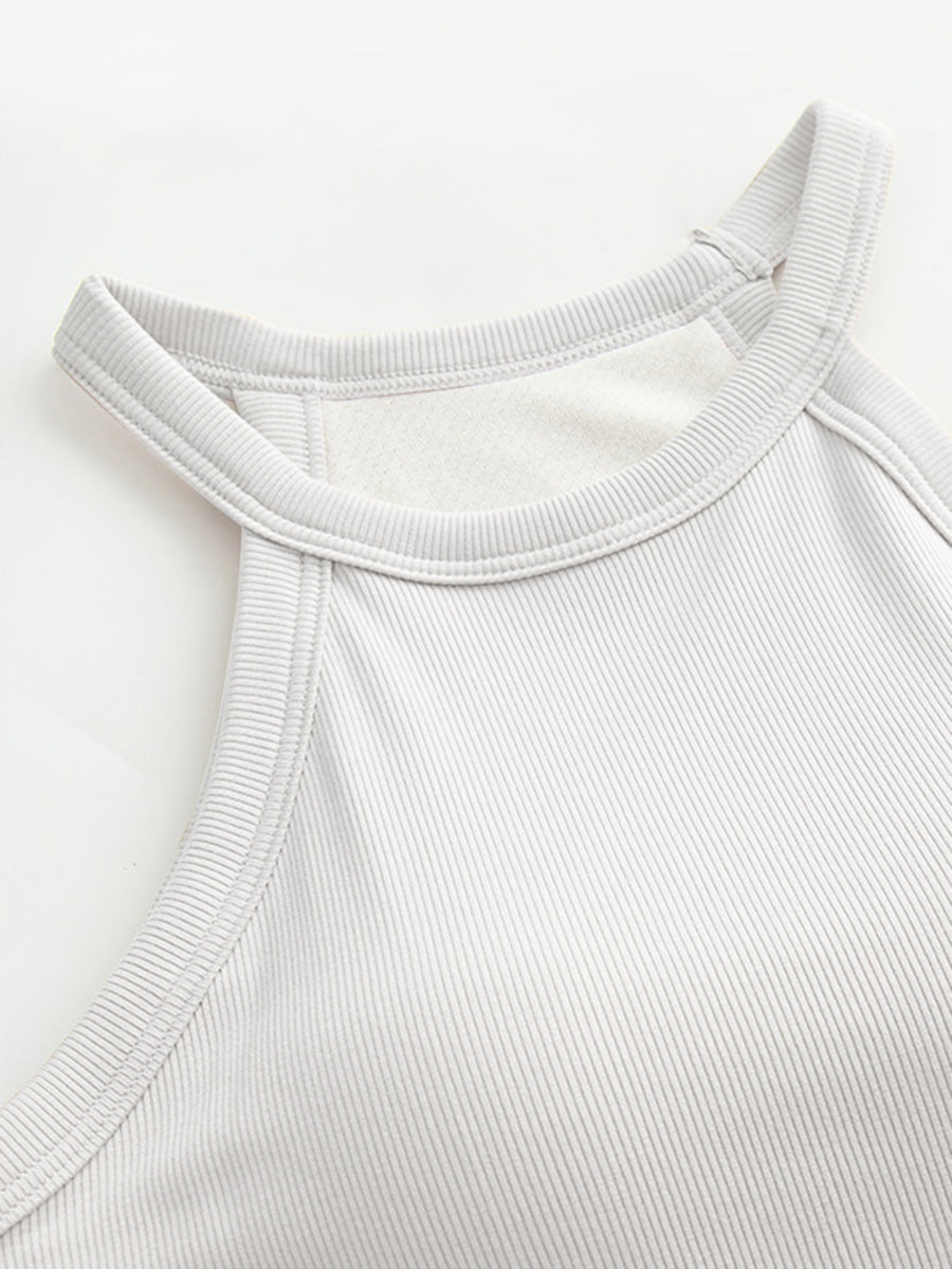Gray ribbed halter tank top with built-in bra detail and contrast stitching.