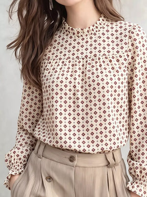 blouse in Beige with frill and hip-length