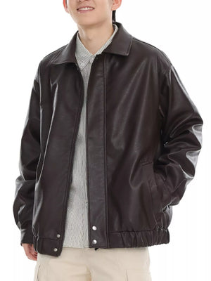 Brown faux leather bomber jacket with zip front and elastic cuffs