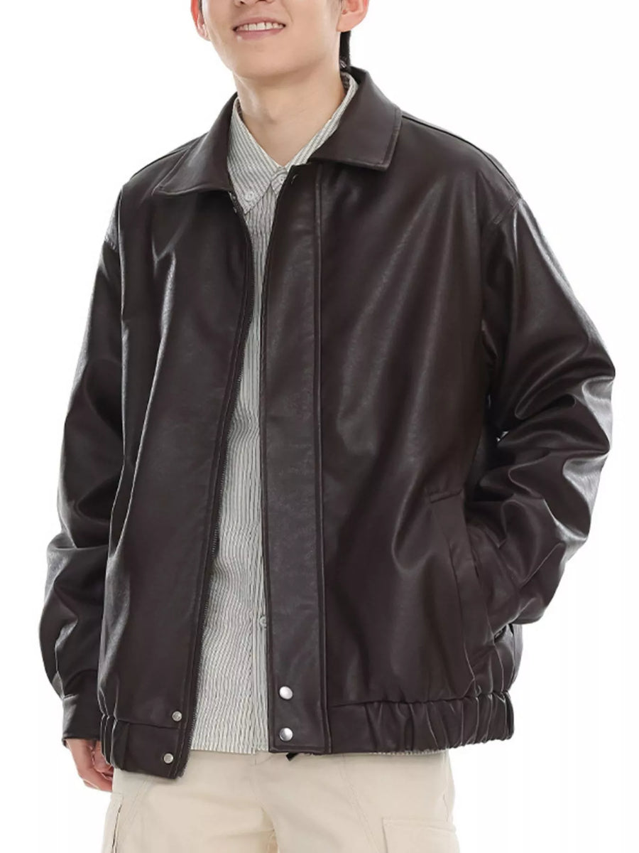 Brown faux leather bomber jacket with zip front and elastic cuffs