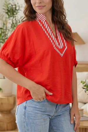 V Neck Plaid Collar Short Sleeve Tunic Blouse in this colorway
