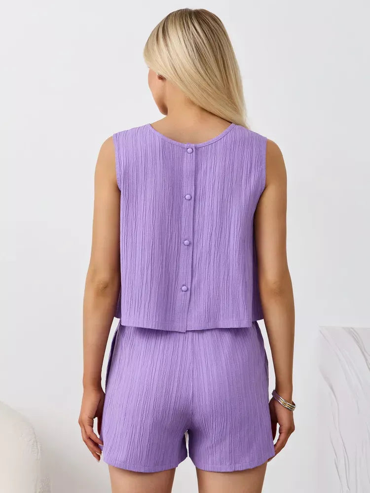 Purple textured cotton tank top with button back and matching shorts set