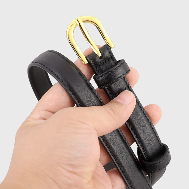 Black leather belt with golden buckle, casual accessory