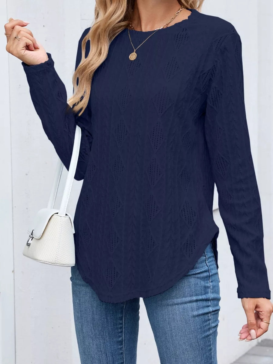 Textured Diamond Knit Long Sleeve T-shirt in Green