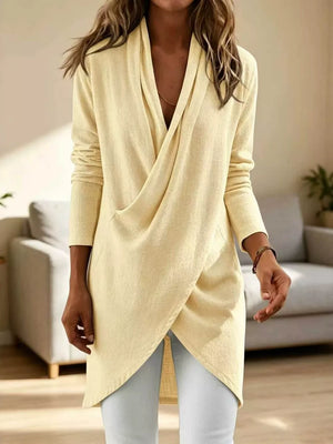 Full Size Wrap-front Long Sleeve Blouse in Sky Blue with wrap-front