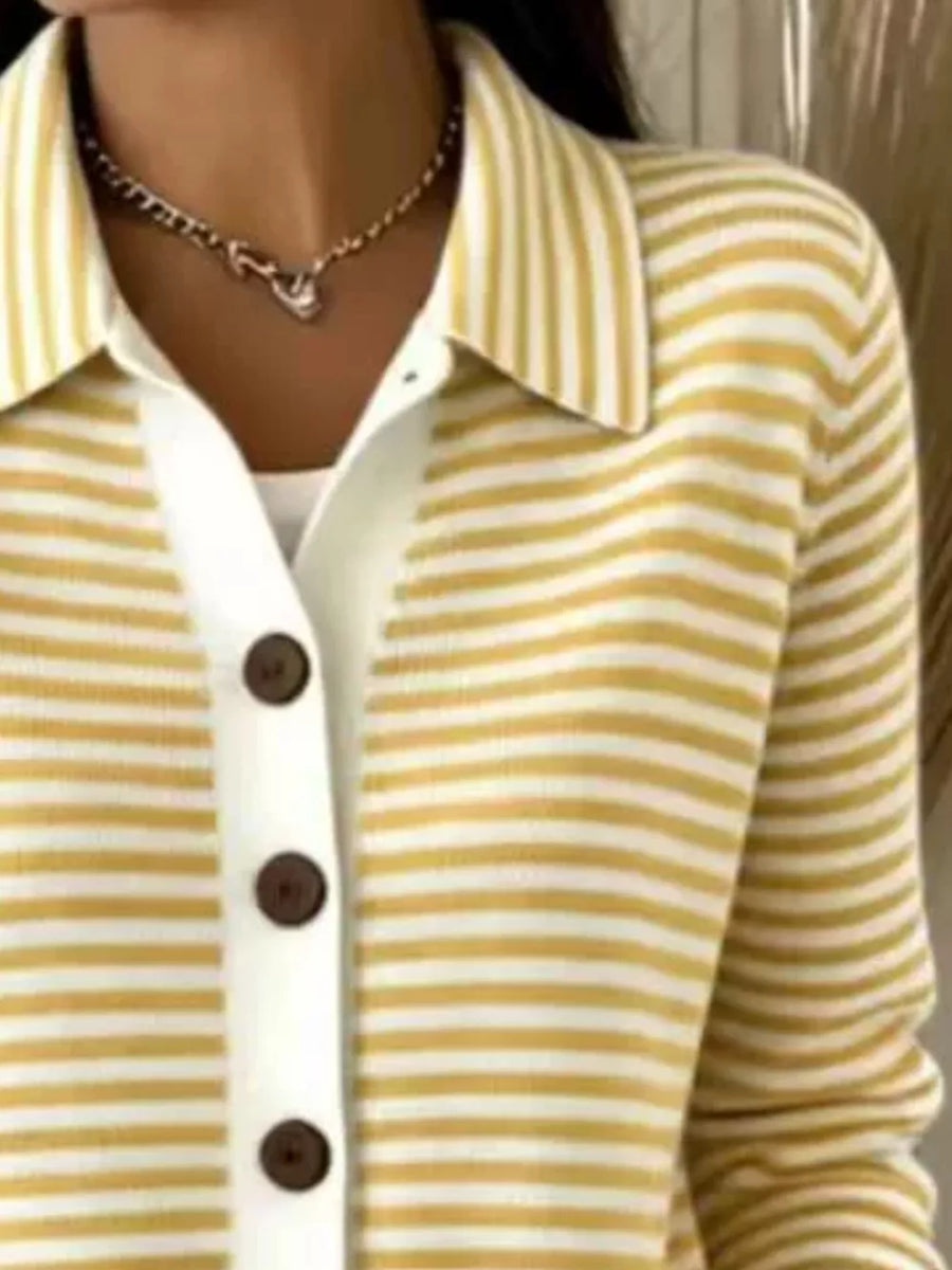 Striped Collared Button-down Knit Cardigan in Yellow with buttoned