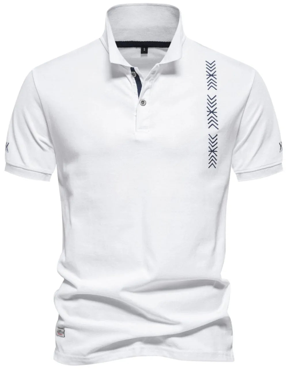 White piqué polo shirt with chevron embroidery detail on chest and short sleeves.