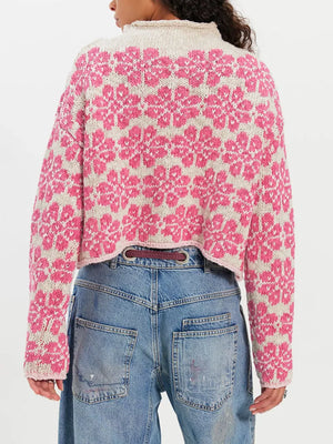 pullover sweater featuring floral in teal with 100% Acrylic Care instructions: Machine wash cold texture