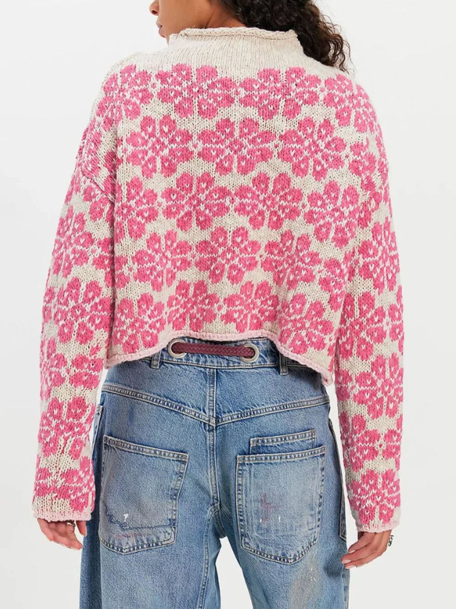 pullover sweater featuring floral in teal with 100% Acrylic Care instructions: Machine wash cold texture