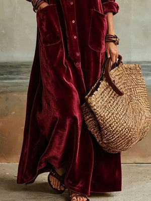 Bohemian Velvet Button-Down Maxi Dress in Burgundy with buttoned