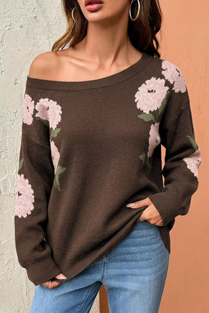 Floral Print Drop Shoulder Relaxed Sweater in Dark Brown