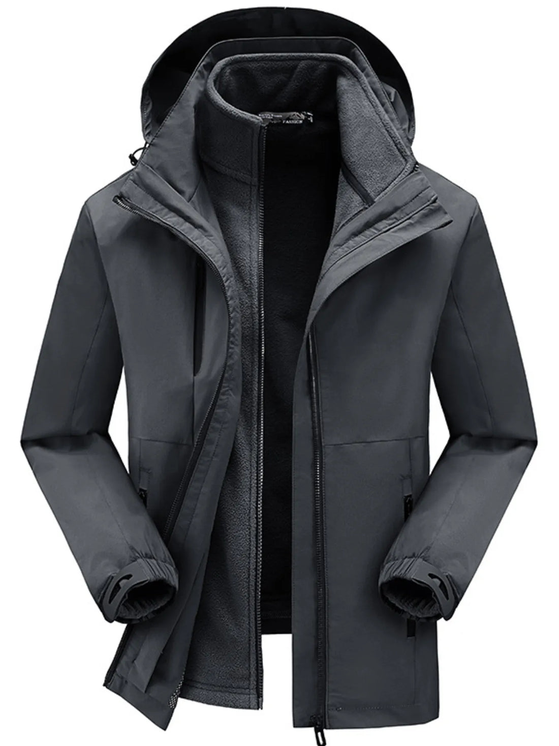 Grey hooded zip jacket with fleece lining and adjustable cuffs