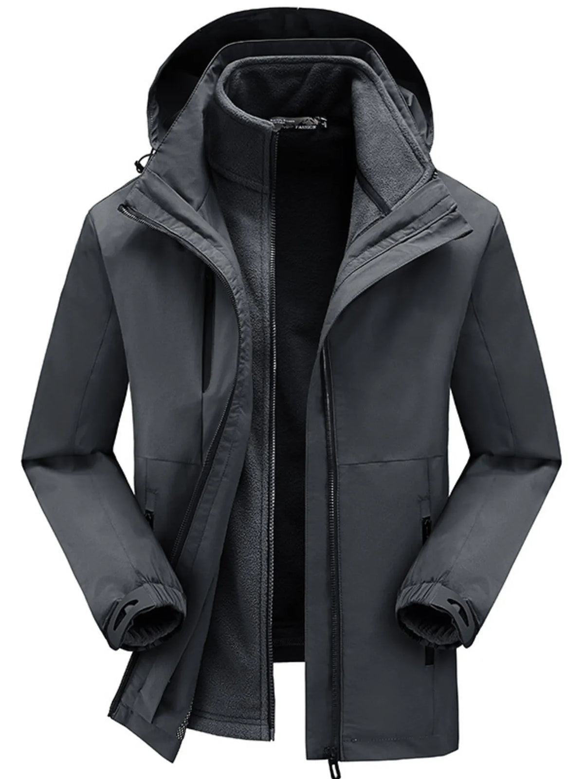 Grey hooded zip jacket with fleece lining and adjustable cuffs