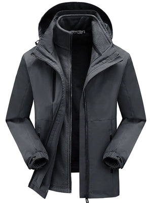 Grey hooded zip jacket with fleece lining and adjustable cuffs