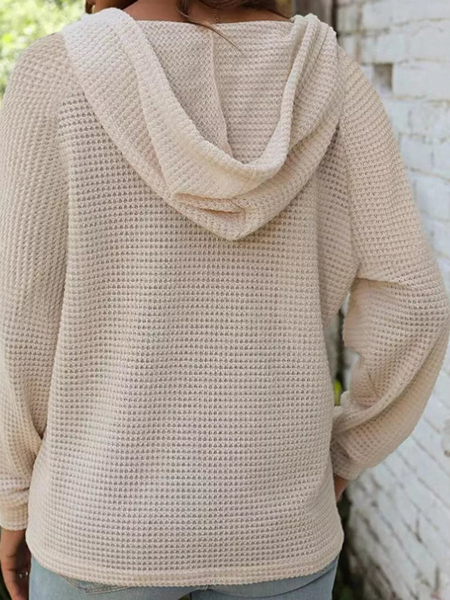 Beige with Waffle Knit Hooded Top With Drawstring