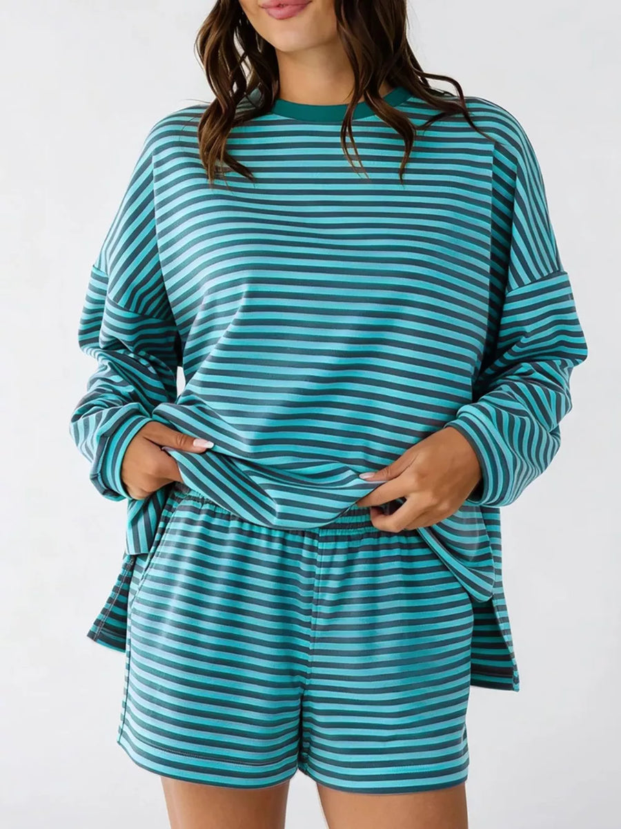 teal lounge set with striped and crew neck