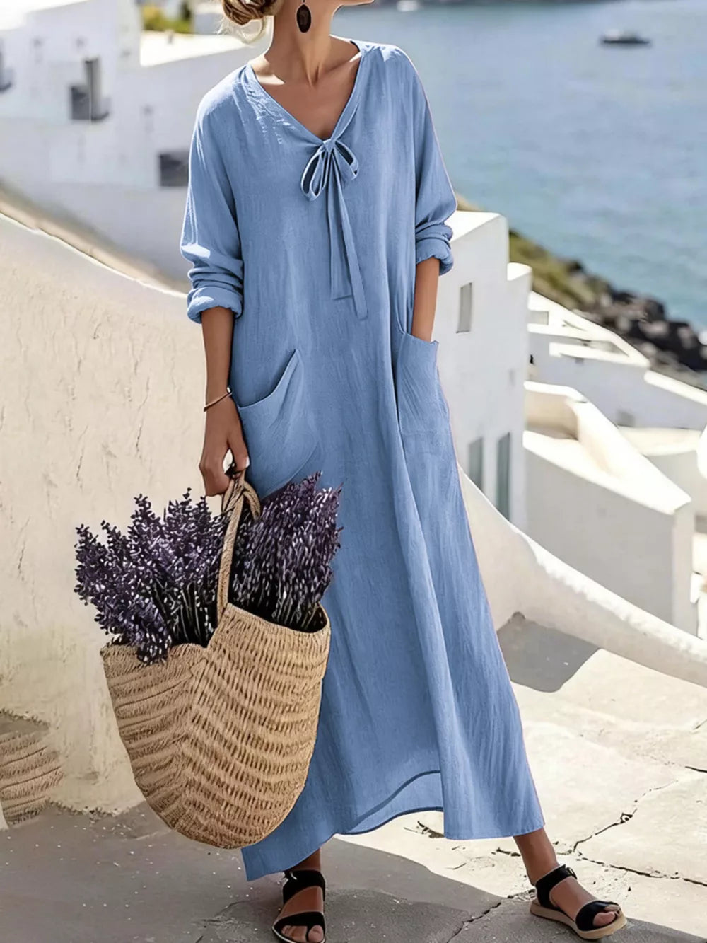 Light Purple loose maxi dress with v-neck