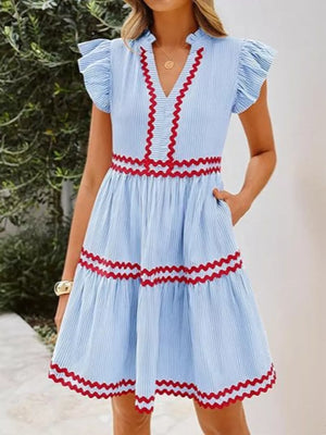 light blue mini dress with striped and v-neck