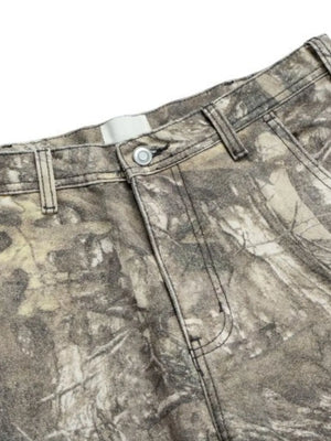 Carpenter jeans in mocha camo print with raw hem detail.