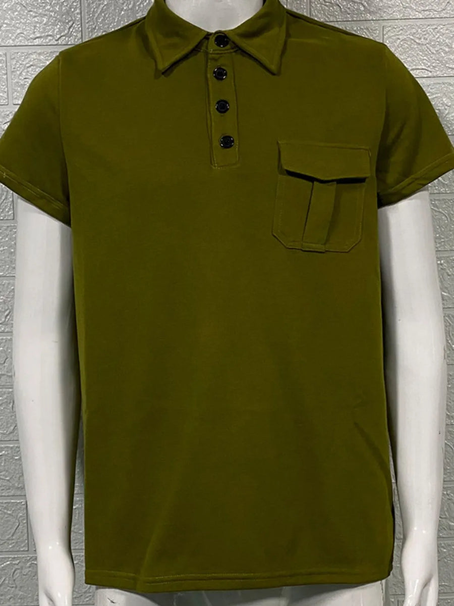 Army green acrylic short sleeve polo shirt with utility chest pocket and black buttons.