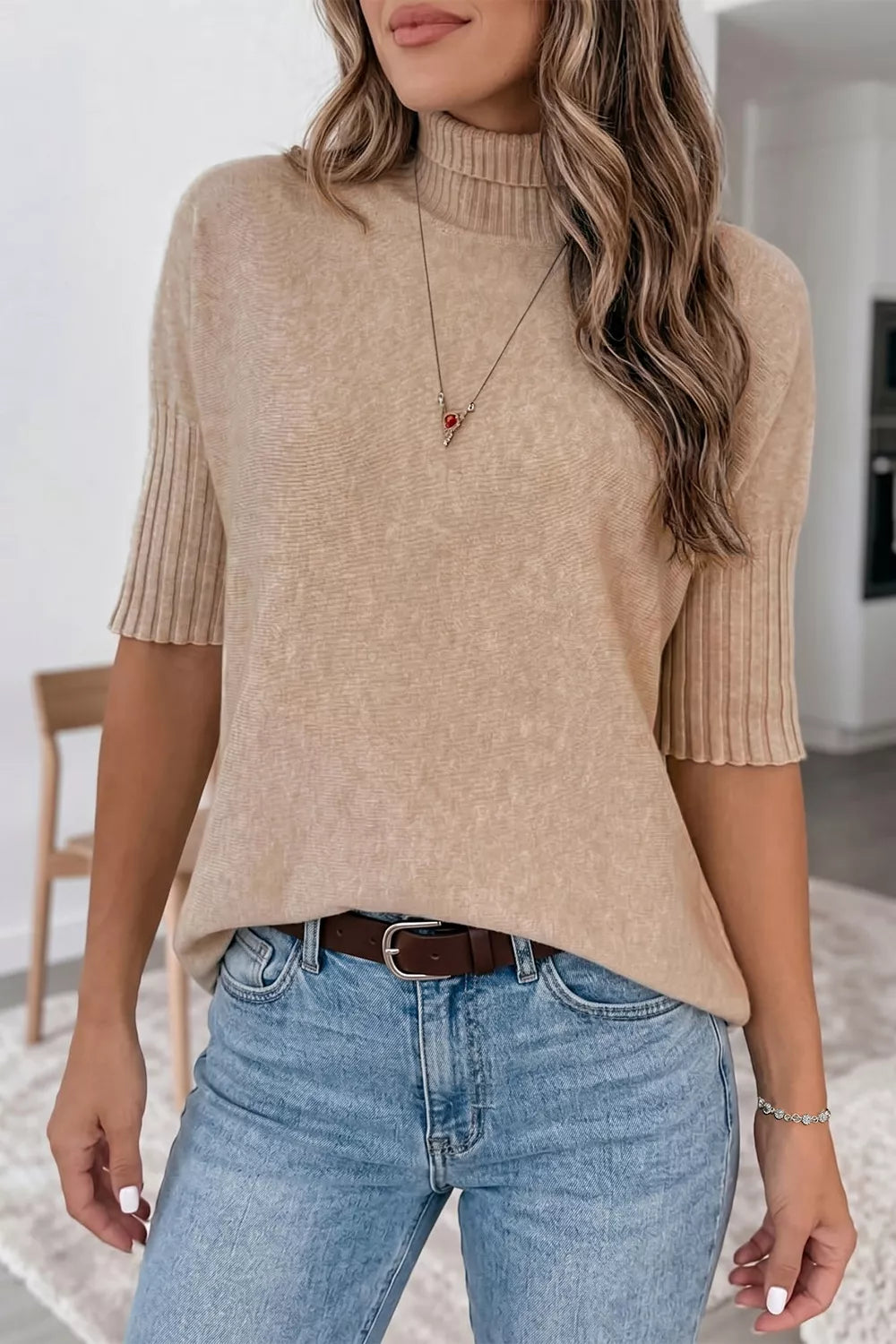 Ribbed Trim Mock Neck Short Sleeve Sweater