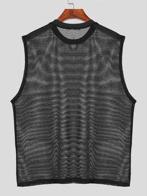 Black open-knit sleeveless mesh tank top with crew neck