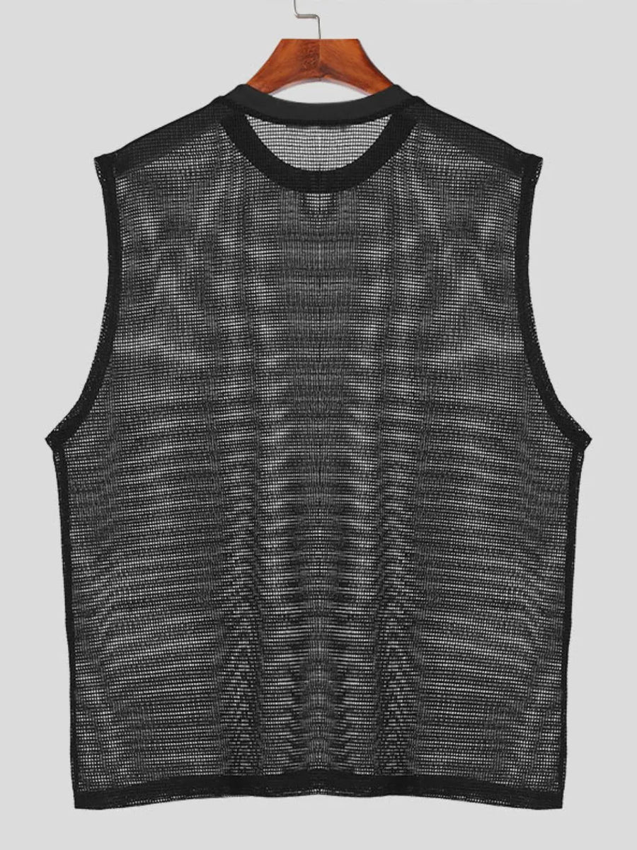 Black open-knit sleeveless mesh tank top with crew neck