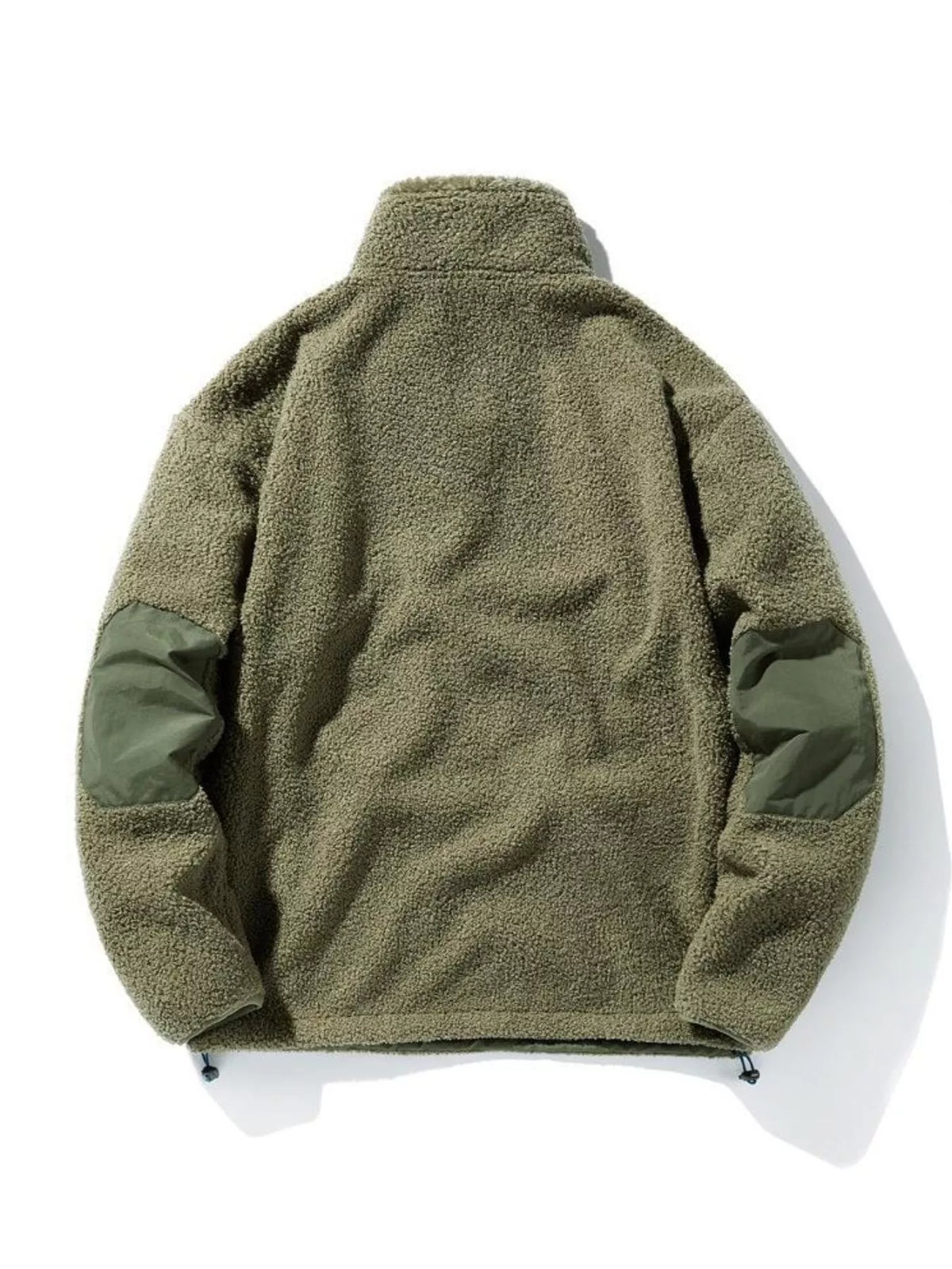 Olive green fleece sweatshirt with mock neck and elbow patches.