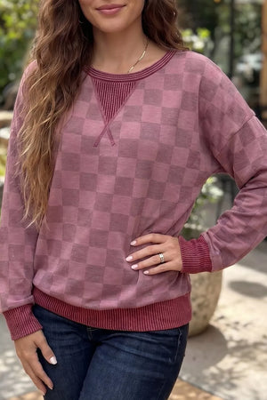 Ribbed Trim Checkered Pullover Shirt