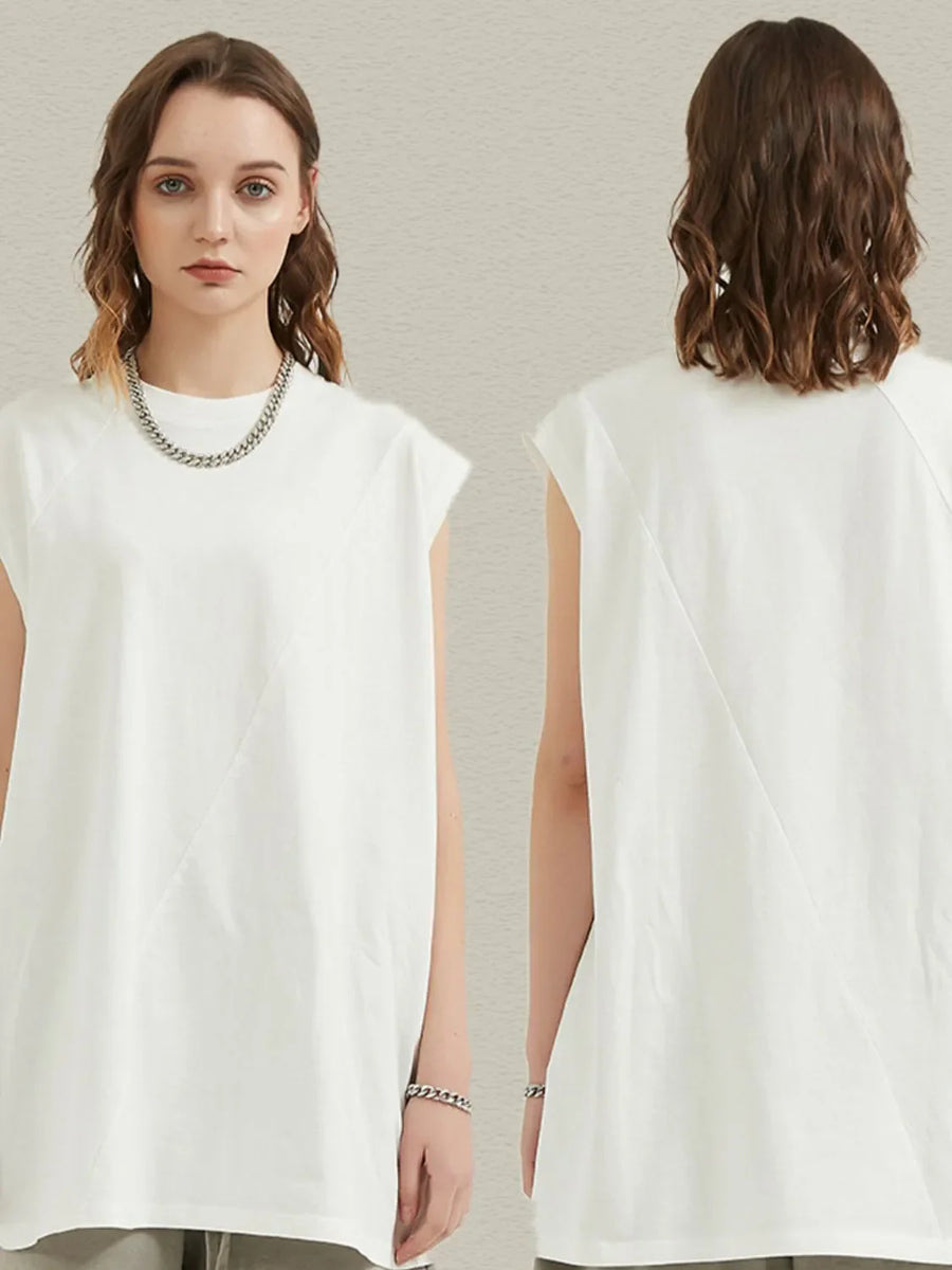 White asymmetric panel sleeveless top with a relaxed fit and subtle diagonal seam detail.