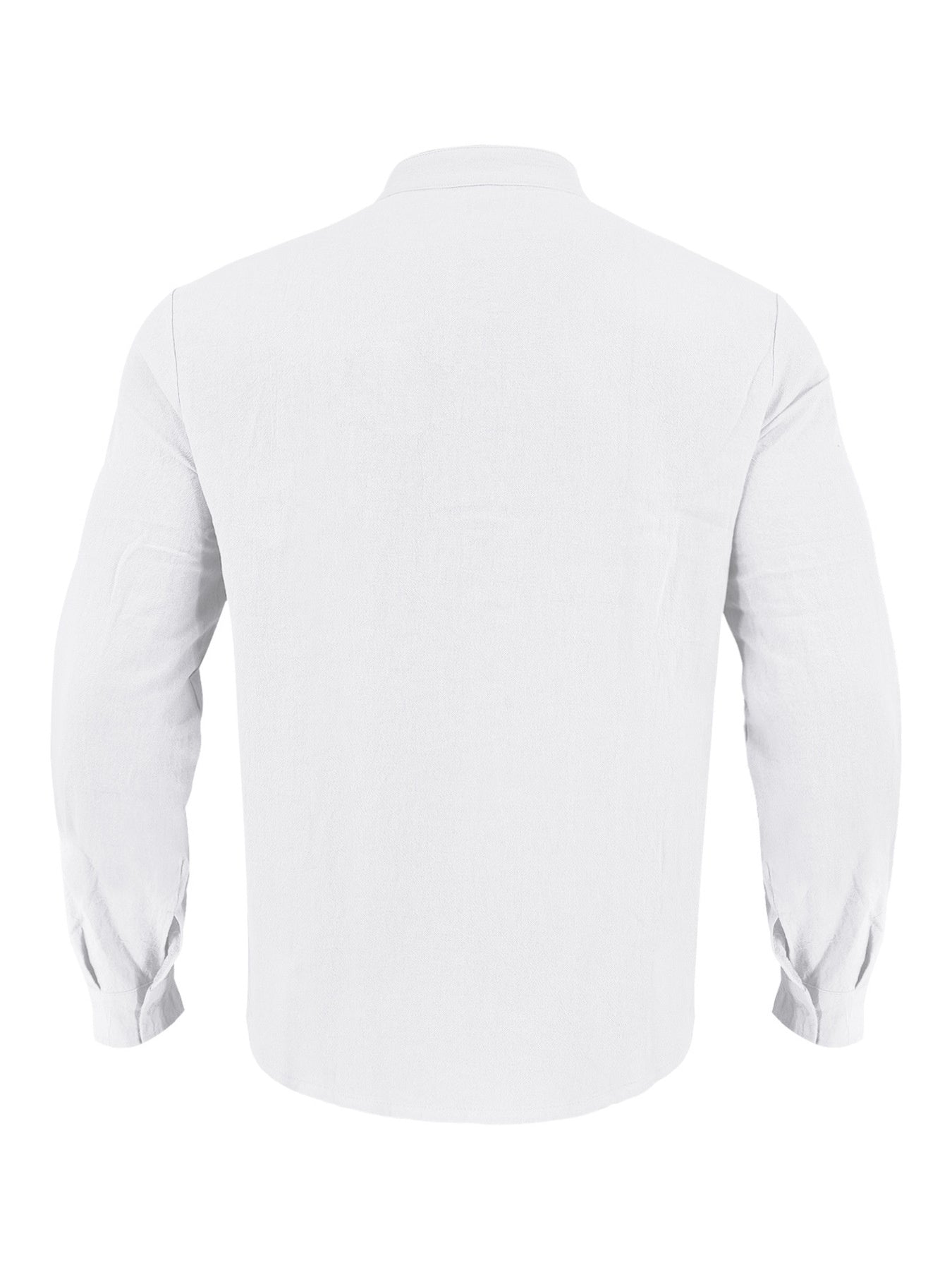 White cotton band collar button-down shirt with long sleeves